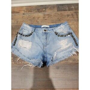 Zara TRF Denim Shorts Womens Size 8 Destroyed Cut Off Studs Embellished Jean B4